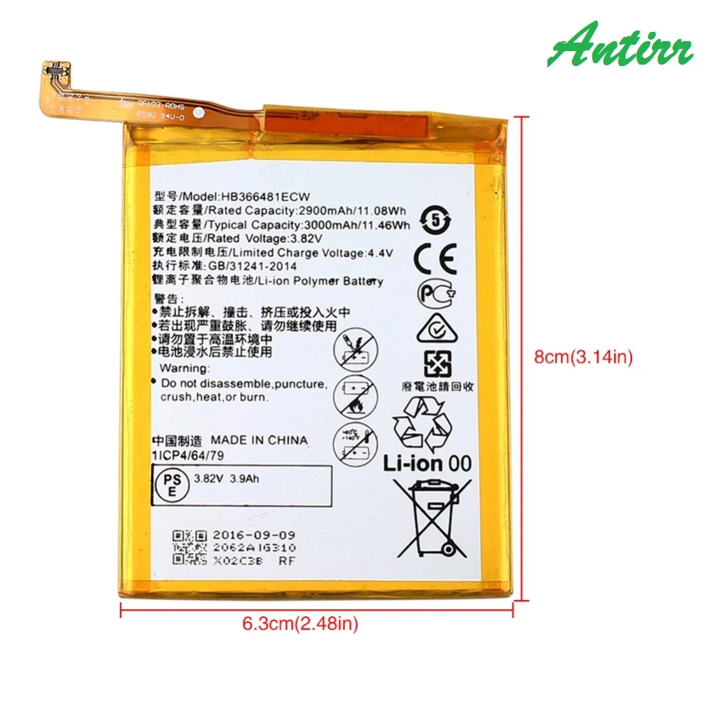 Antirr для huawei P9 Батарея высокое качество 2900 мА/ч, HB366481ECW Замена запасной аккумулятор для huawei P9 смартфон с инструментами#30