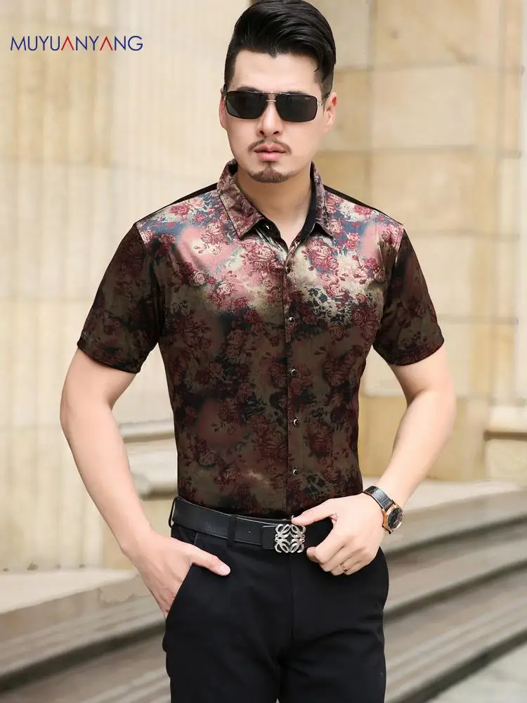 

Men sexy Dress Shirts 2019 New style Summer flowers shirt Short Sleeve Floral Casual Men silk Velvet Shirt Slim Thin Soft