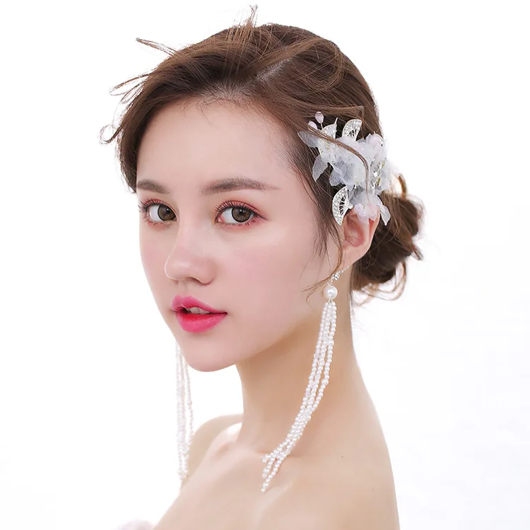 

2017 white silk yarn fan shape long ears hang brides hair decoration wedding hair accessories