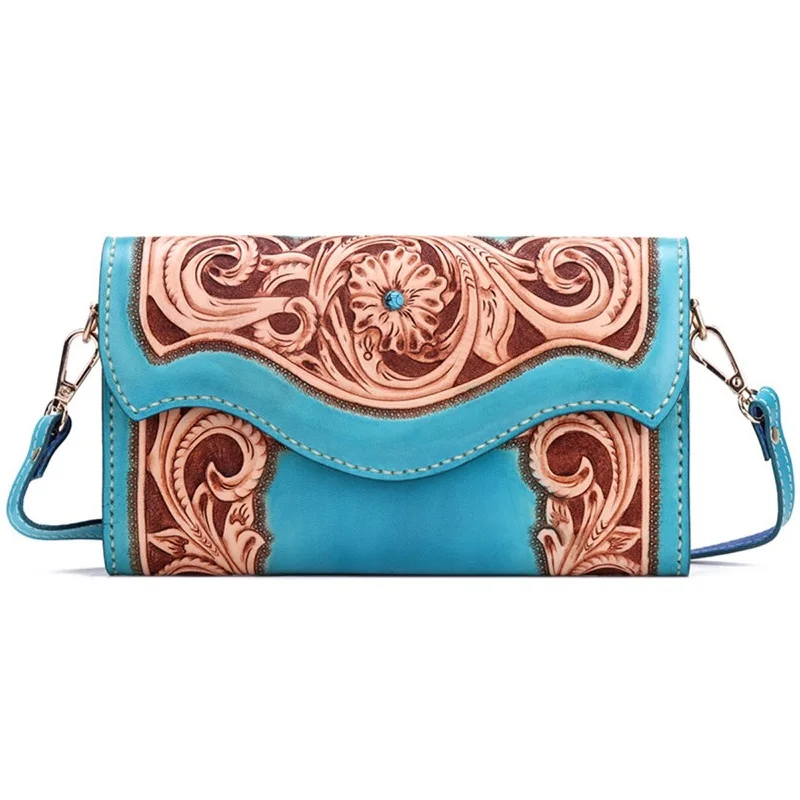 

Chinese Style Hand Carved Flower Genuine Leather Women's Light Blue Summer Purse Female Large Clutch Lady Crossbody Shoulder Bag