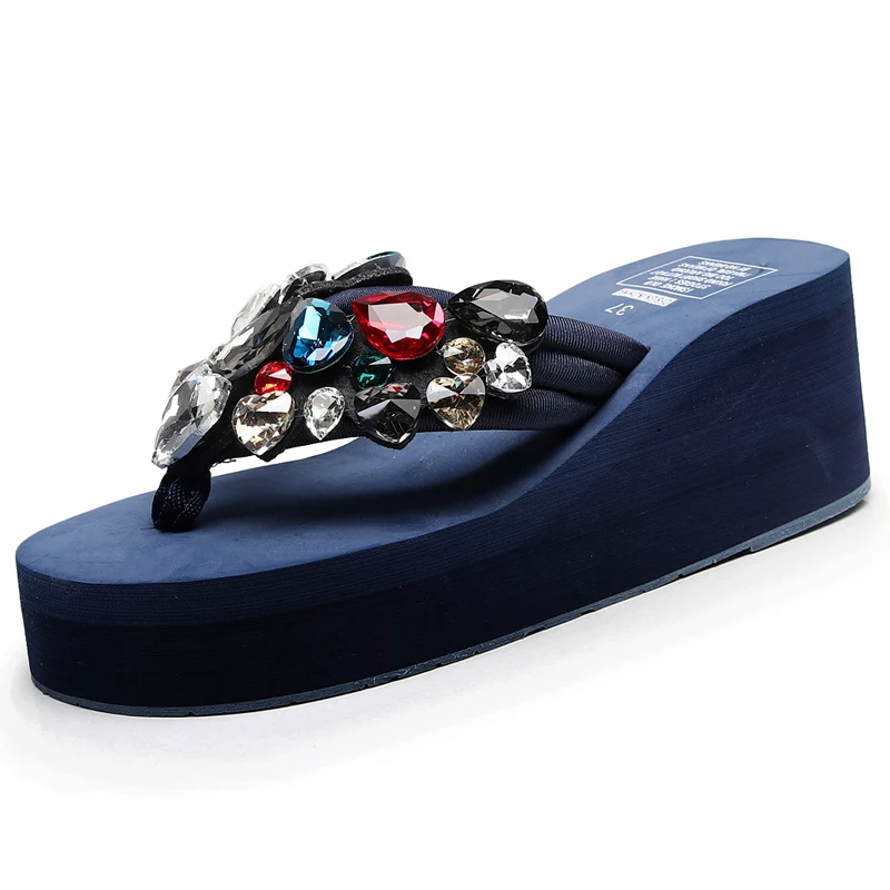 

6cm/8cm/11cm Luxury rhinestone Summer Wedges Platform Shoes Outdoor Beach Shoes Fashion Women Flip F