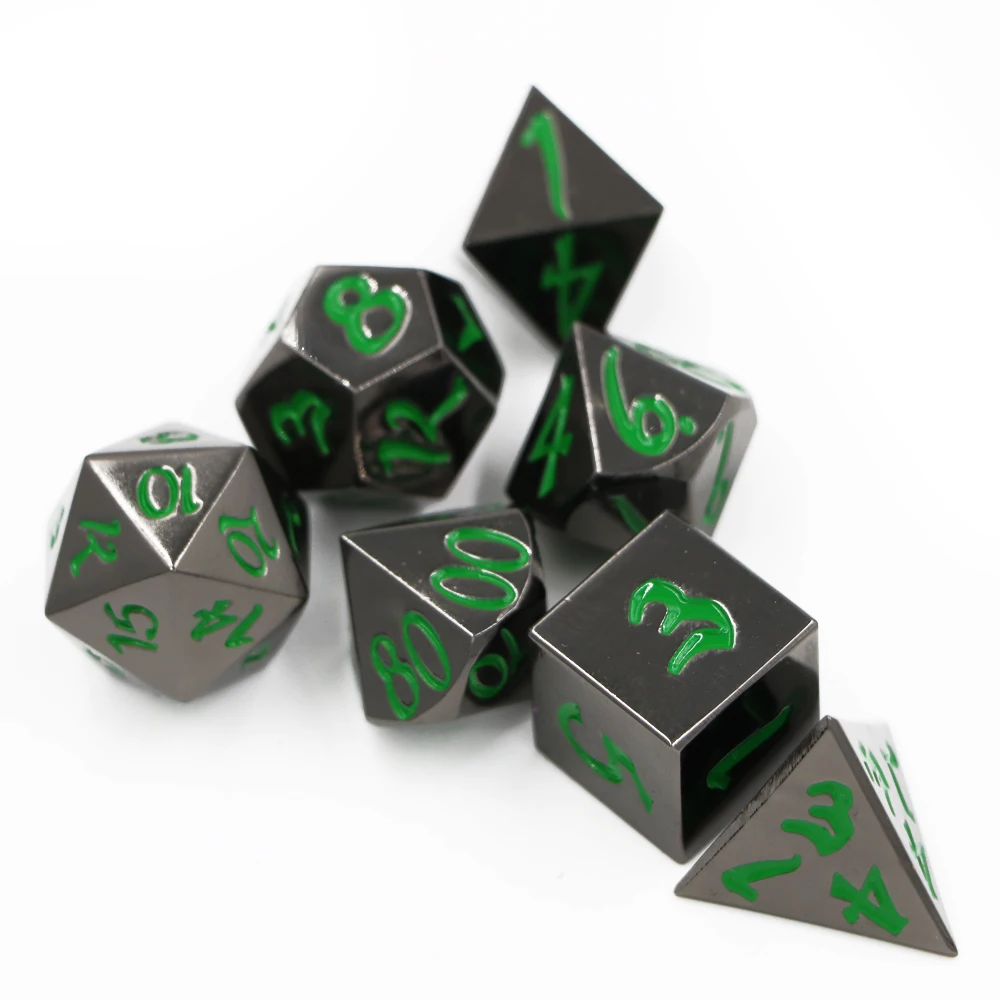 7 шт./набор креативных ролевых игральных костей D& D металлические игральные кости черный никель-Зеленый цифровой D4 D6 D8 D10 D12 D20 многогранные игральные кости