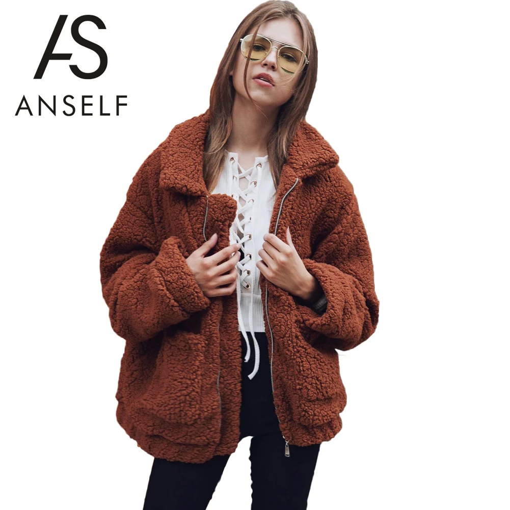 ANSELF 2019 зимние модные женские туфли пушистый из искусственного меха пальто с длинным рукавом Свободные Большой размеры молния повседневное