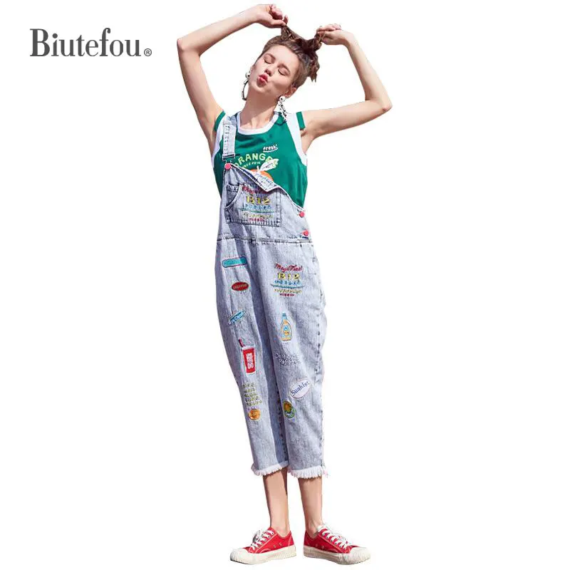 

2019 Summer denim Jumpsuits embroidery patch designs Overalls women sleeveless Rompers