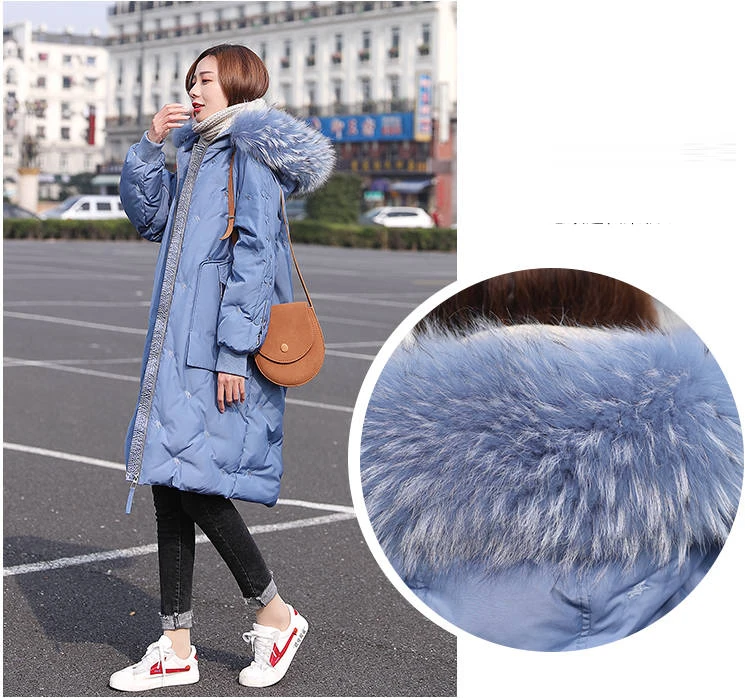 New Winter Women Casual Loose Real Fur Collar Long Coat Female Hooded Jackets Ladies Thick Warm White Duck Down Parkas C114