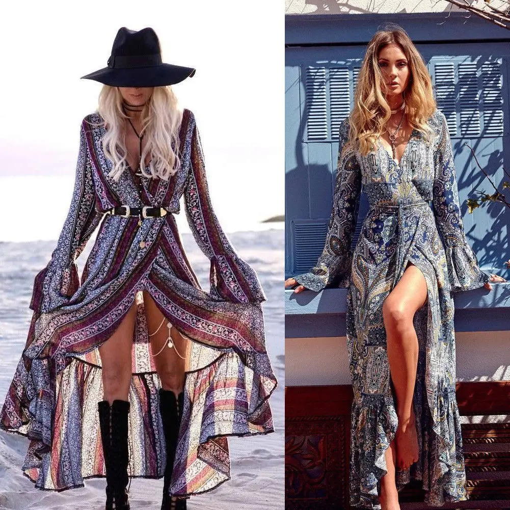 Женское платье с цветочным принтом Boho длинное вечернее макси длинным рукавом