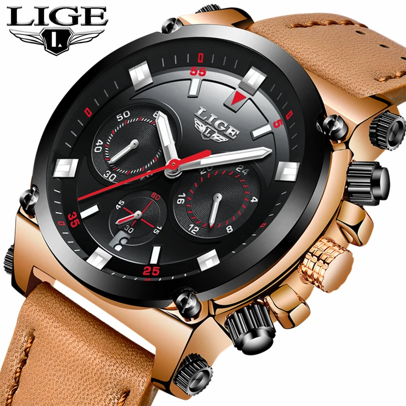 

LIGE Watch Men's Fashion Sports Quartz Big Dial Clock Leather Mens Watches Top Brand Luxury Waterproof Watch Relogio Masculino