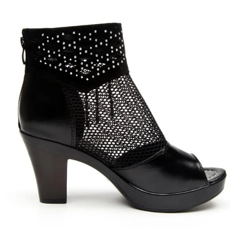 001 Tacón Vaca Zapatos Black Botas Moda De Pez Famosa Malla Tobillo 002 Cabeza 2018 black Piel Sandalias Sexy Mujer black Alto Verano 003 6Uwq6xf