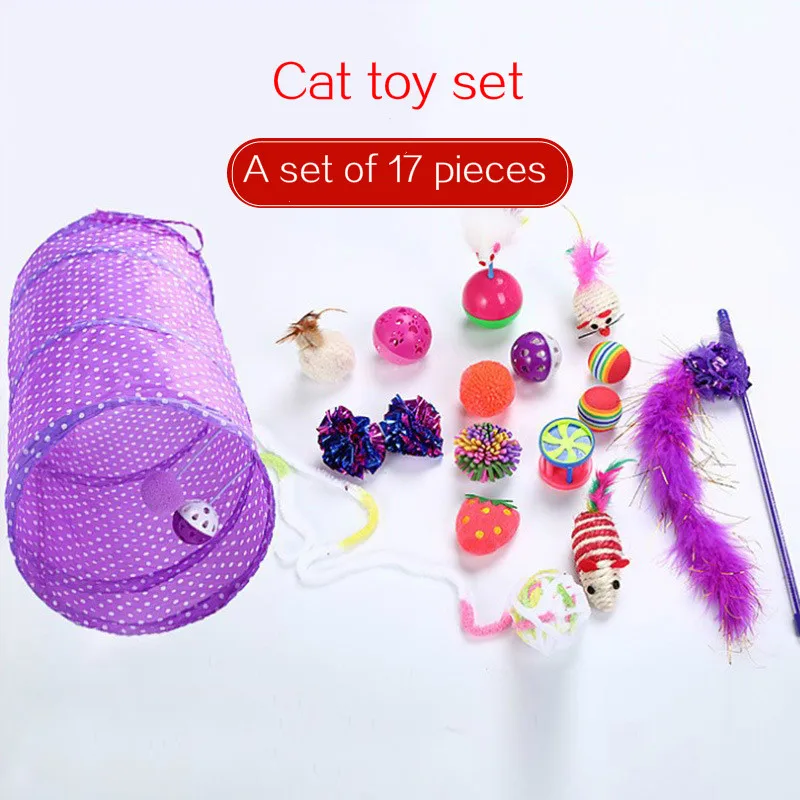 

Luxury 17 piece cat toy set tunnel tickle stick wool ball plastic bell feather