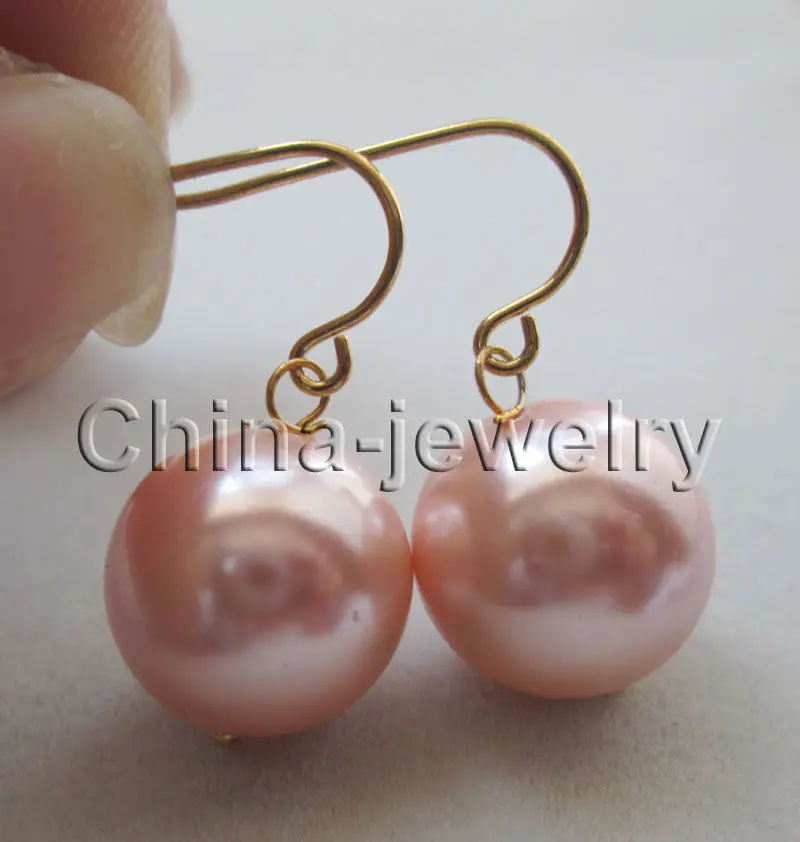 

Beautiful 14mm pink perfect round sea shell pearl earring - 14k gold filled hookNoble style Natural Fine jewe FREE SHIPPING