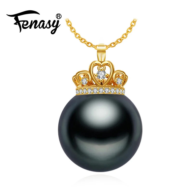 

FENASY 18K Gold pendant black pearl Jewelry 11-12mm round tahitian Pearl bohemian pendants send office career necklace for love