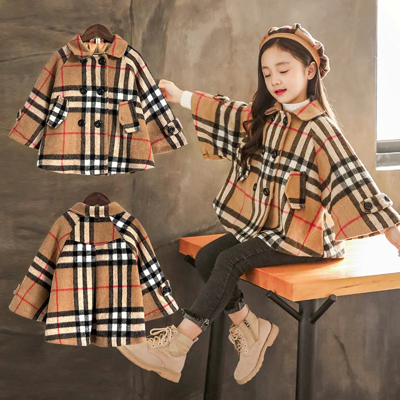 

JOYINPARTY Winter Kids Fashion paid woolen Children England Style Coat Baby Girls Jacket Double-breasted Cloak Teens Clothing