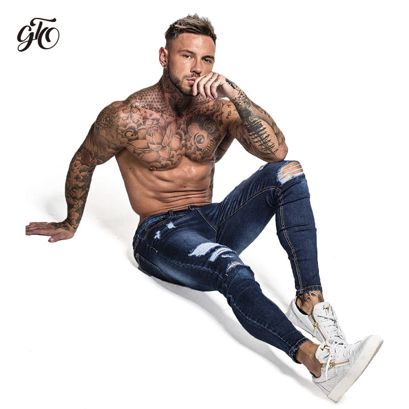 Gingtto Men's Skinny Stretch Repaired Jeans Dark Blue Hip Hop Distressed Super Skinny Slim Fit Cotton Comfortable Big Size zm34