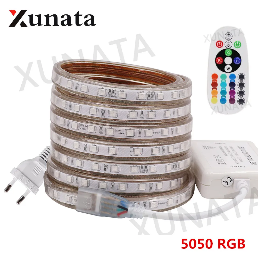 cheap 5050 RGB LED Light Strip 220V Dimmable Waterproof 60 LEDs m Flexible Tape LED Strip Lamp With 24 Key Remote For Home Decoration