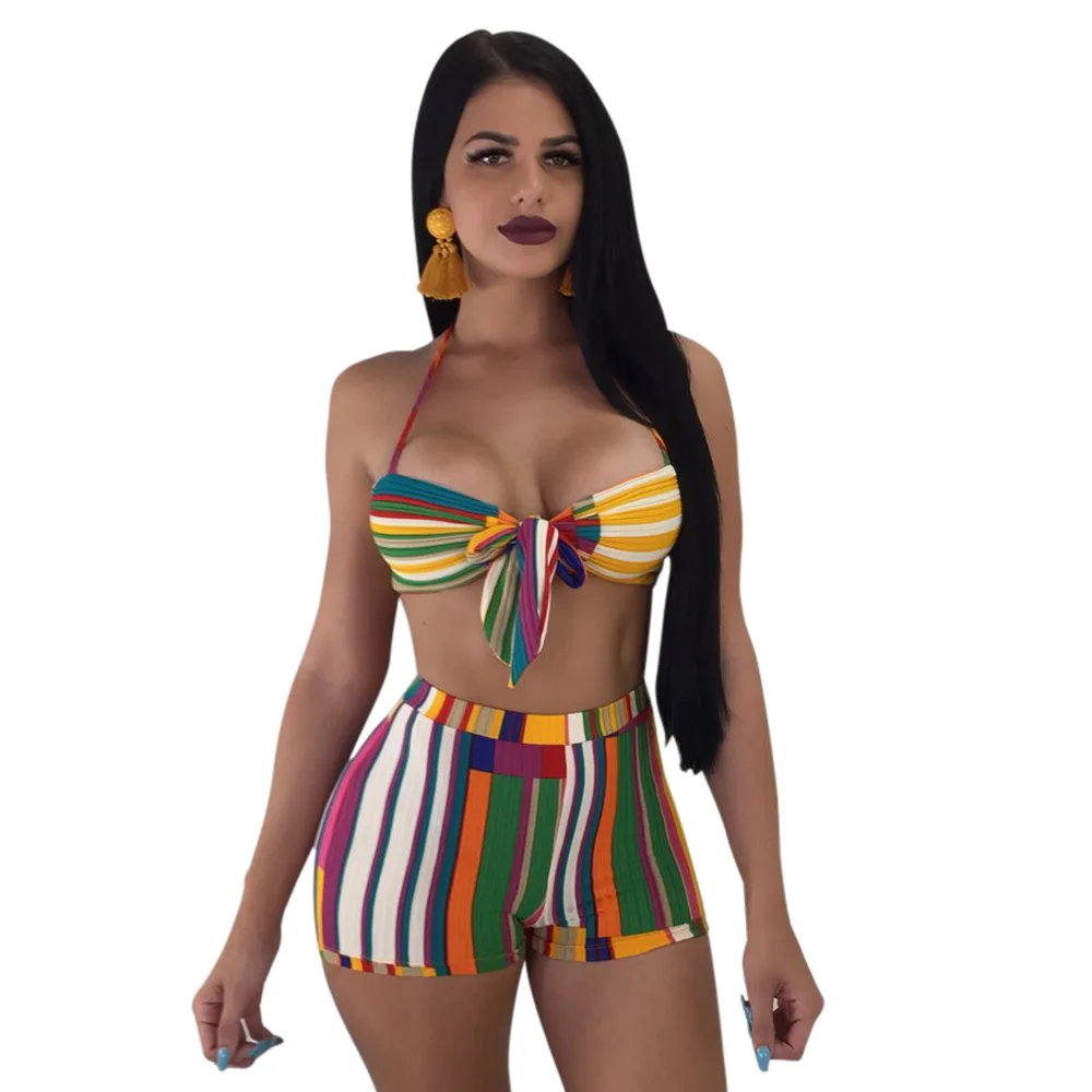 

Echoine 2019 Colorful Stripes Two Piece Set Summer Women Suit Sexy Bra Top and Shorts Set Fashion Casual 2 Pieces Set Swimsuits