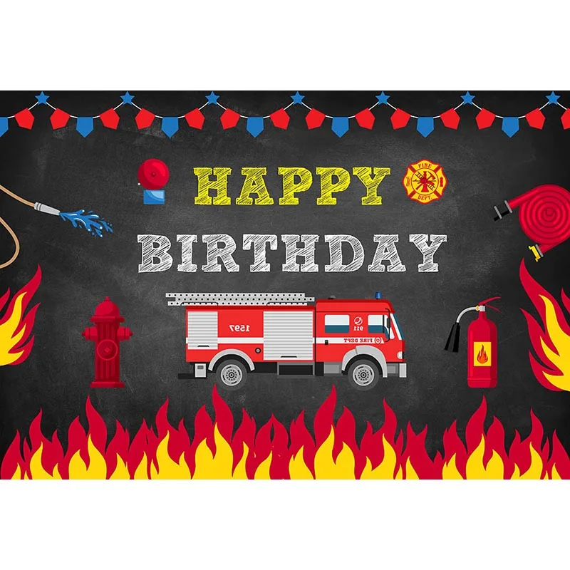 Birthday Party Photography Background for Boys Fire Truck Banner Backdrop Black Theme Background for Photo Studio