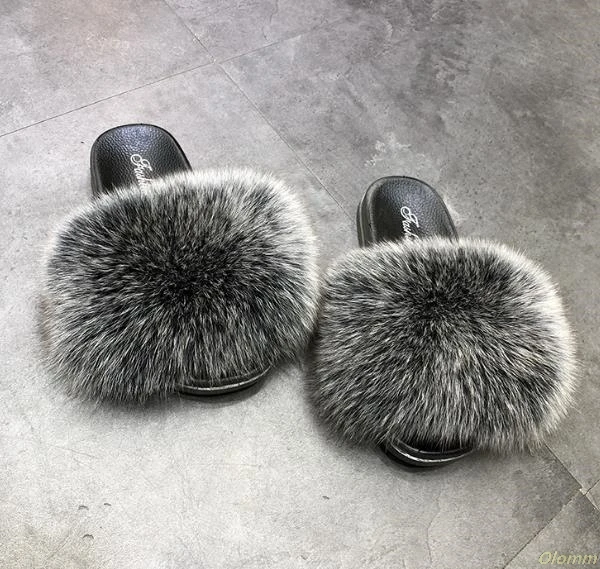 

Hot Sale Fur Slippers Women Fox Home Fluffy Sliders Comfort With Feathers Furry Summer Flats Sweet Ladies Shoes PVC sole Home