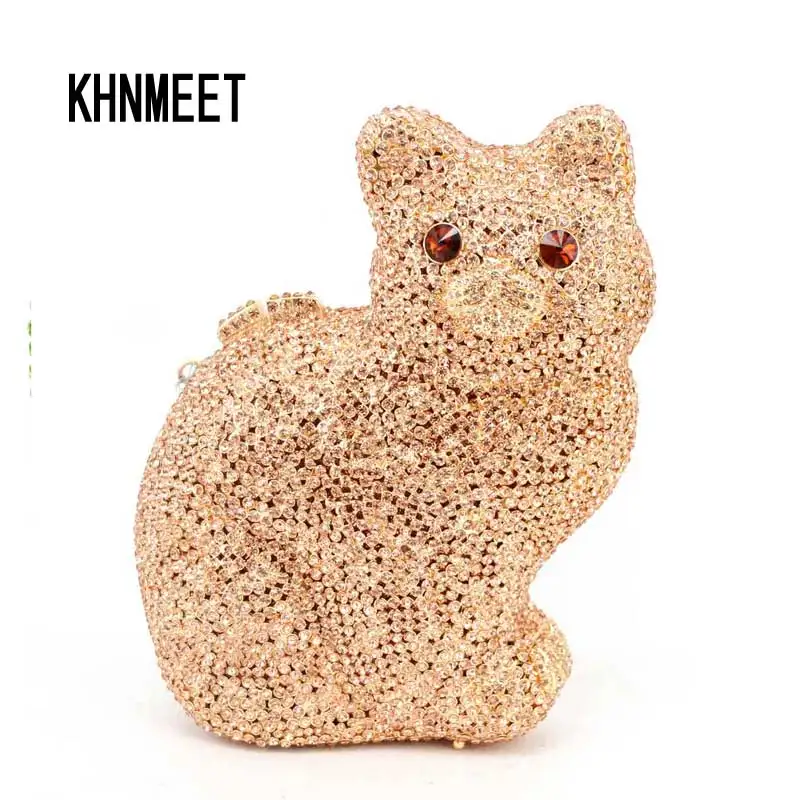 Lovely Cat Silver Crystal Stones Evening Bag Luxury Diamond Prom Party Purse Pochette Banquet