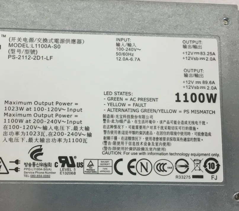 По spsr, 1100 Вт сервер PSU PS-2112-2D1-L L1100A-S0 источник питания для R5500 R910 T710 1100 Вт 1Y45R F613N TCVRR