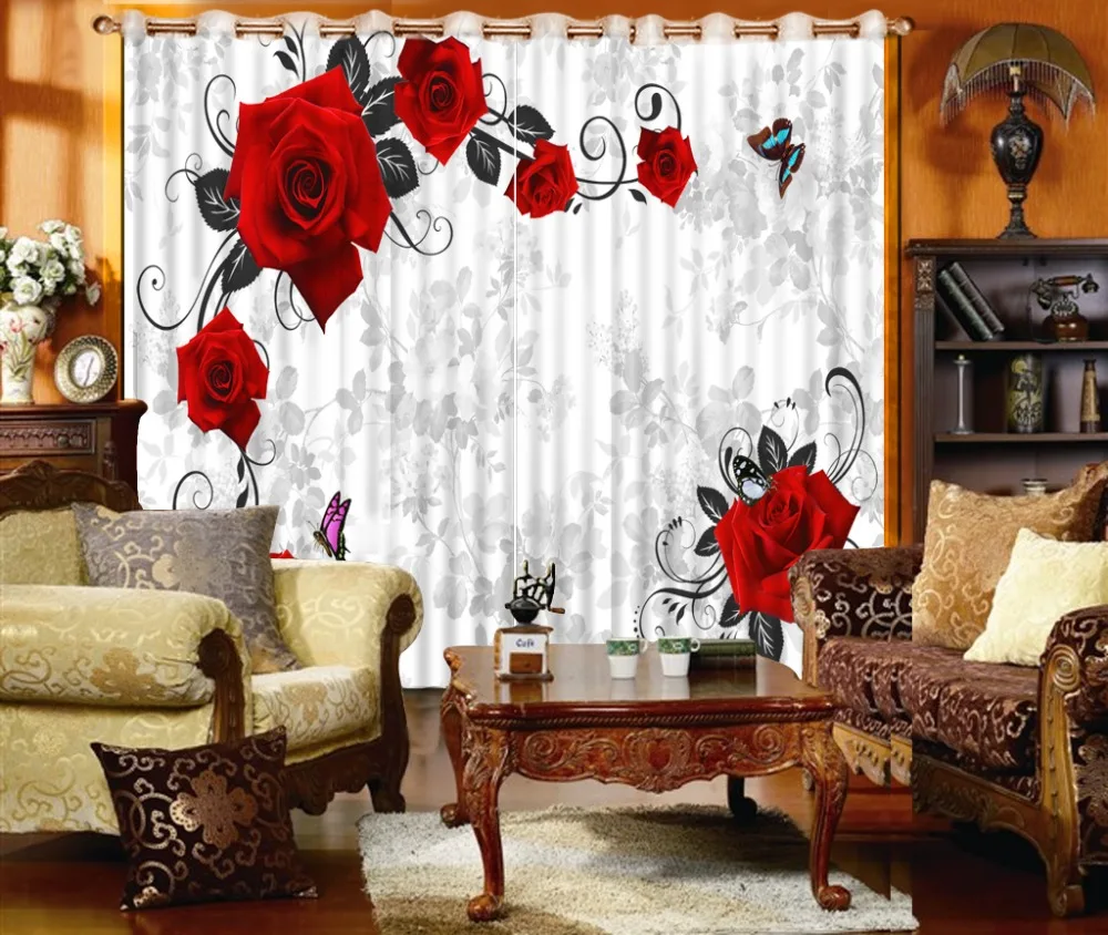 

Blackout Shade Window Curtains Red Rose Gray Background Custom size 3D Bedroom Living Room Office Hotel Cortinas