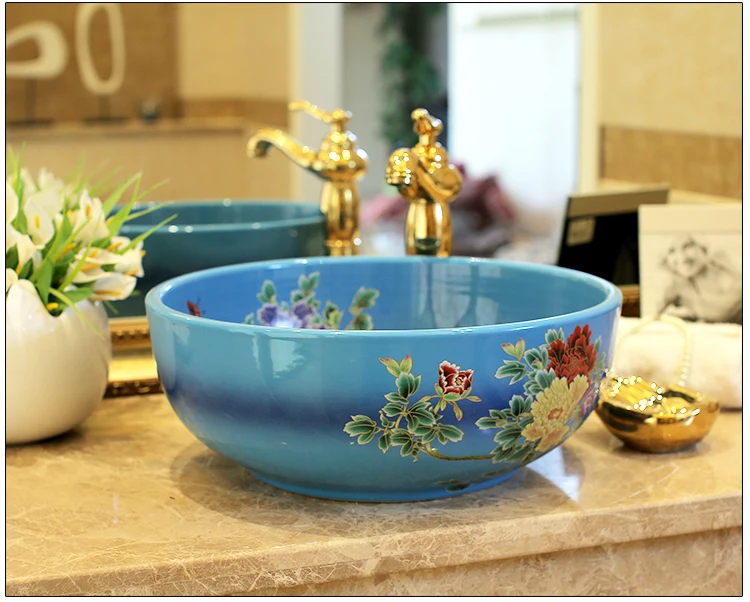 Europe Vintage Style Lavobo Ceramic Washing Basin Counter top Bathroom Sink hand painted vessel sinks Peony painting black (4)