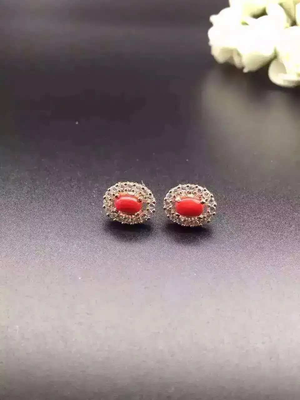 natural red coral stud earrings s925 silver natural gemstone stone