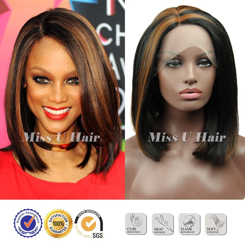 Tyra Banks Lace Front Wig Heat Resistant Black Streaks Highlights
