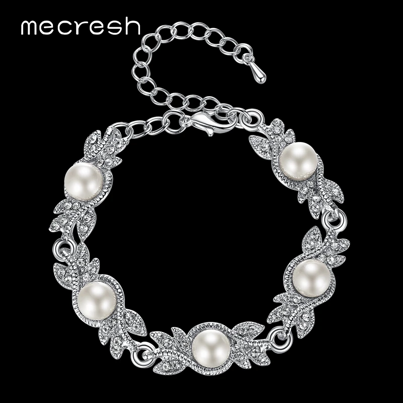 

Mecresh Charming Simulated Pearl Bracelets for Women Silver/Gold-Color Leaf Crystal Pulseras Mujer Femme Wedding Jewelry MSL197