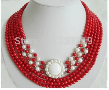 

6 Rows Red Coral White Pearl 18KWGP Flower Clasp Pendant Necklace > Wholesale Lovely Women's Wedding Jewelry