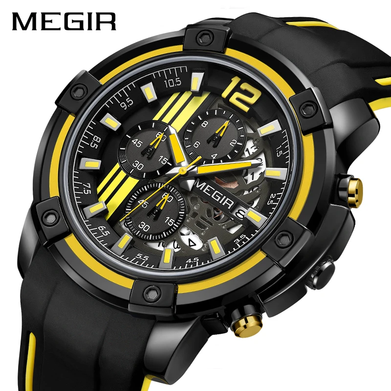 

MEGIR Mens Sport Watches with Silicone Band Big Dial Military Quartz Watch Men Clock Chronograph Relogio Masculino Reloj Hombre