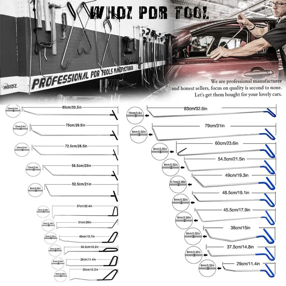 Zestaw narzędzi haczykowych WHDZ bezbolesny narzędzie do naprawiania wgnieceń podnośnik ściągacz wgnieceń samochodu, kaptur z klejem, stuknij płyta odblaskowa zestaw narzędzi ręcznych