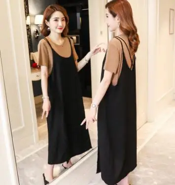 Sexy Sides Split Maternity Sets 2018 Summer Short Sleeve T-shirt +chiffon Strap Dress 2Pcs Set Loose Pregnancy Clothes QL6812
