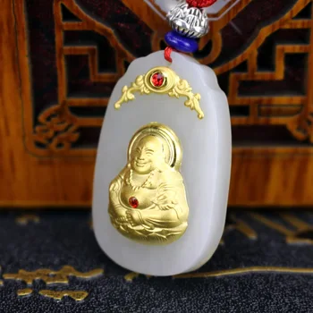 

New Design Top Quality Maitreya Budd Buddhism Gold Hetian Jade Pendant Necklace For Men Women Hot Sales Gift for Christmas Xmas
