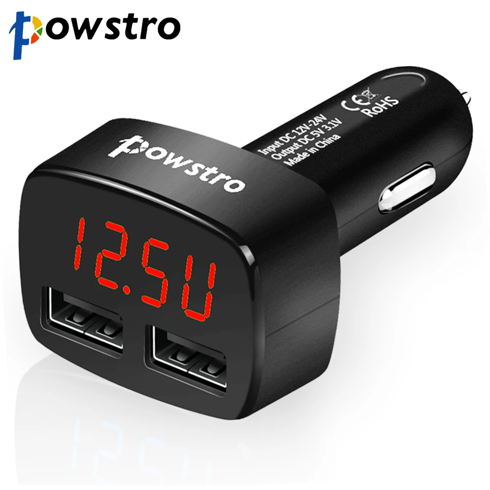 

Powstro 3.1A Dual 2 Port USB 4 in 1 Car Charger Adapter With Voltage/temperature/Current Meter Tester for iPhone Xiaomi Huawei