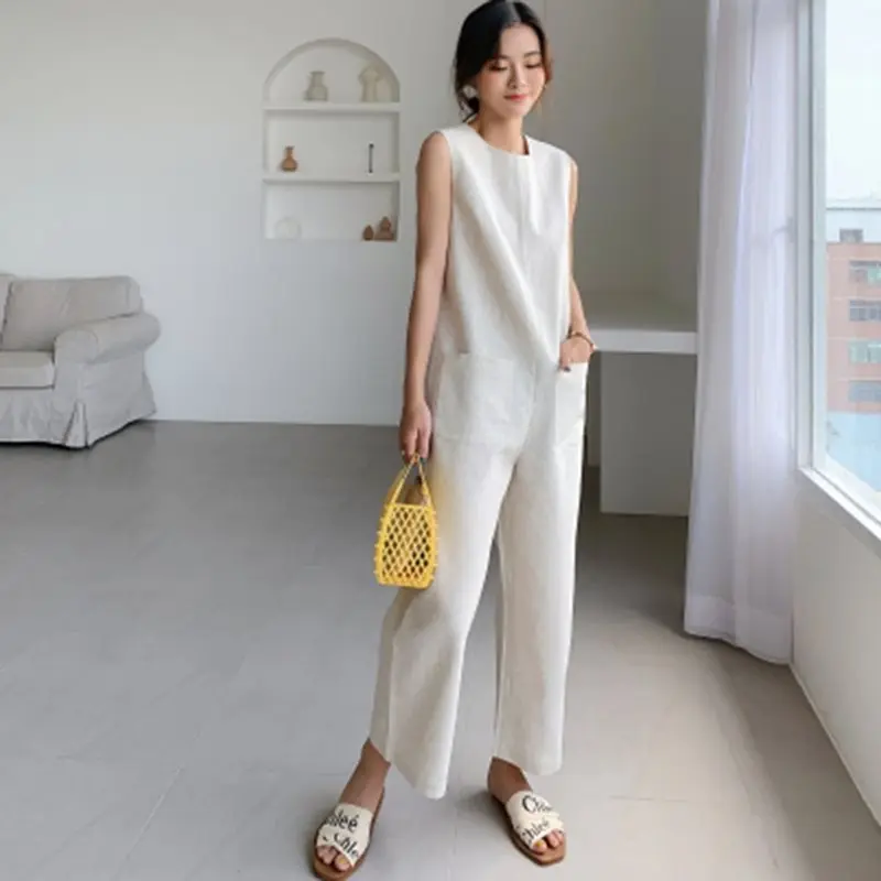 Japan Style Casual Office Ladies Elegant Summer Jumpsuit WomenLoose Straight Plain Simple Beige Travel Beach Female Rompers