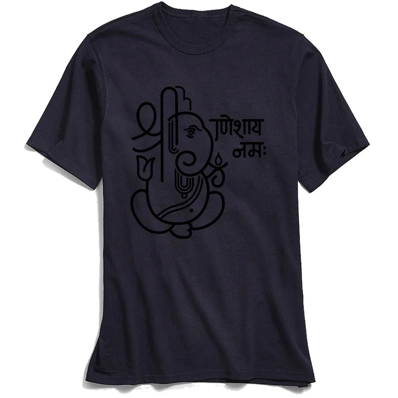 Casual Top T-shirts Short Sleeve comfortable Cheap Men Summer Tops & Tees comfortable Tops Tees Round Collar Cotton Fabric Ganesha Ganapati Elephant 5 (black outline) navy