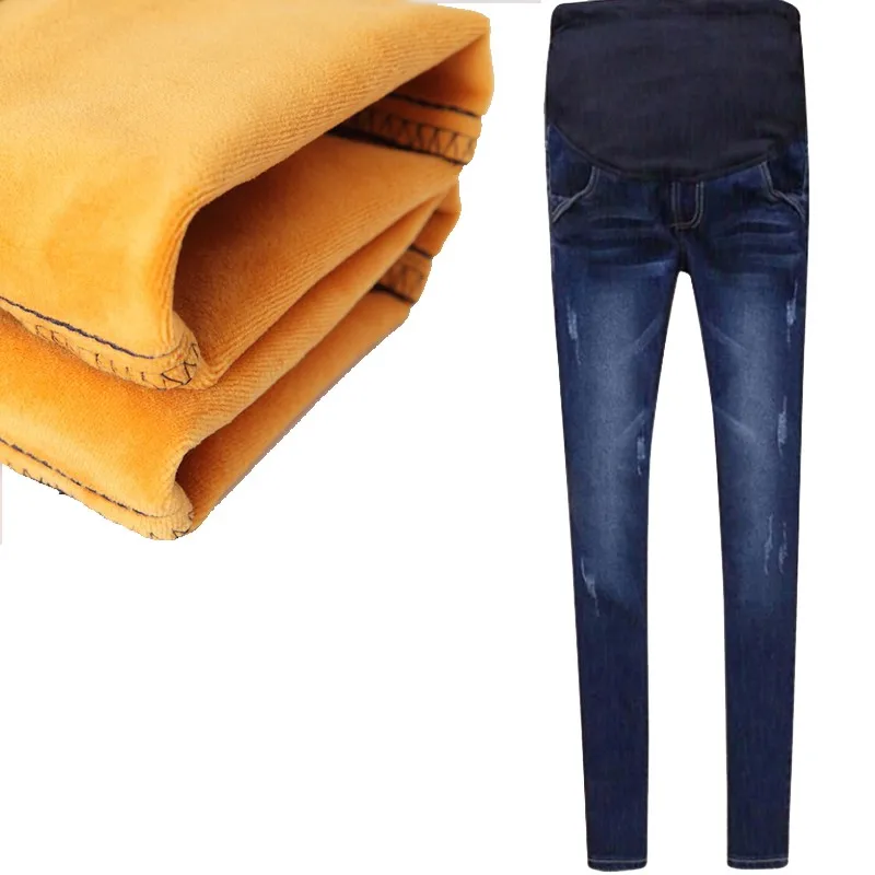 

2017 Warm Pants Winter Jeans Thickened With Velvet Women Clothing Cotton Maternity Clothes Elastic Waist Pregnant Women Trousers