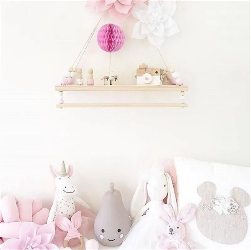 

New Kids Room Wall Hanging Clothing Storage Racks Wood Beads Tassel Decoration Baby Clothes Hanging Shelves Photography Prop
