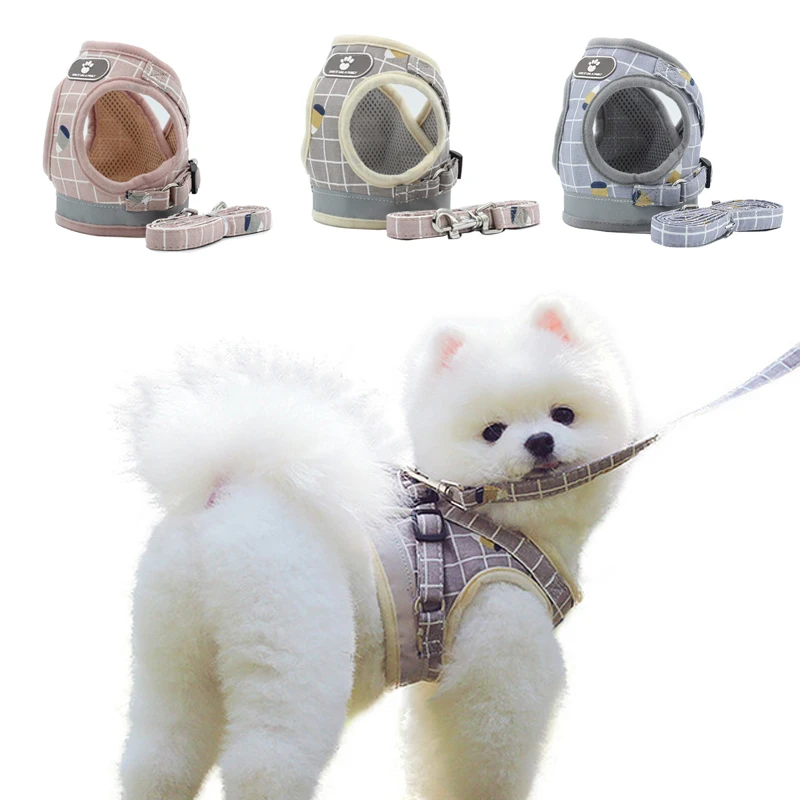 

Pet Dog Cat Harness with Leash Adjustable Puppy Mesh Vest Walking Supplies Soft Breathable Plaid Collar for Small Medidum Dogs