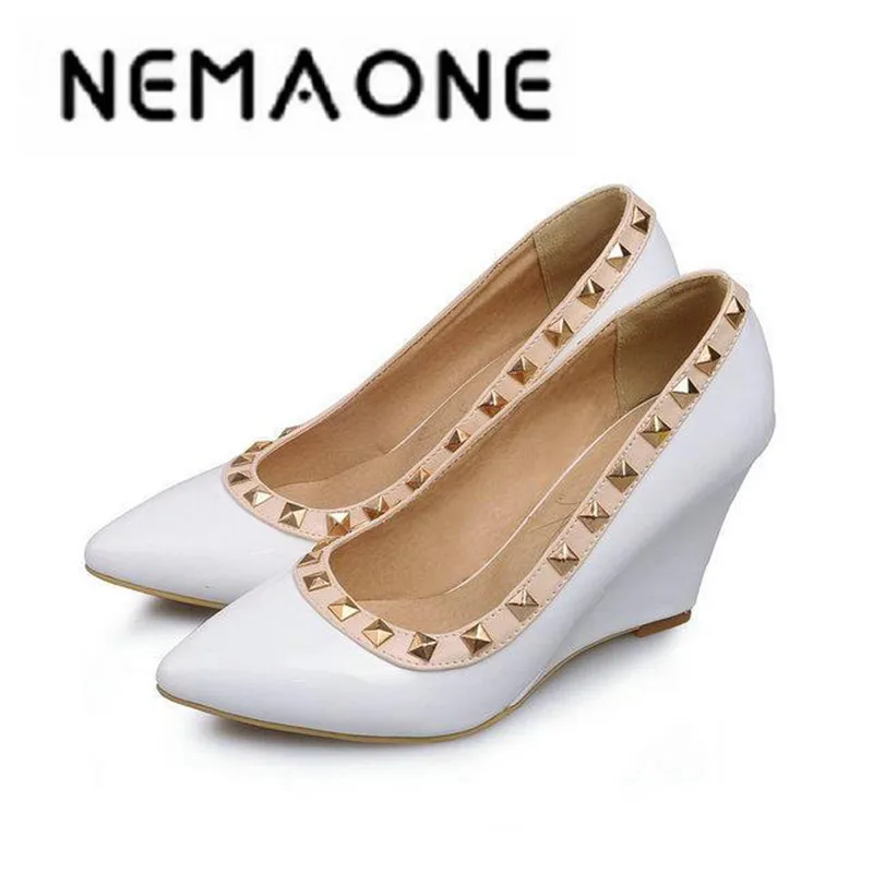 

New Summer Women Wedges Shoes Pointed Toe pu Leather Work Shoes Casual Women Pumps large Size 34-43