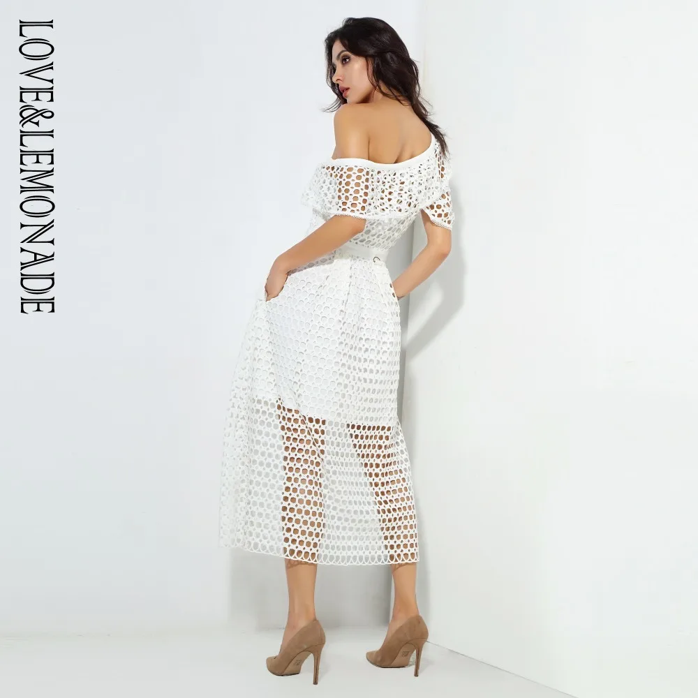 Женское кружевное платье LOVE & LEMONADE белое с одним открытым плечом и листьями