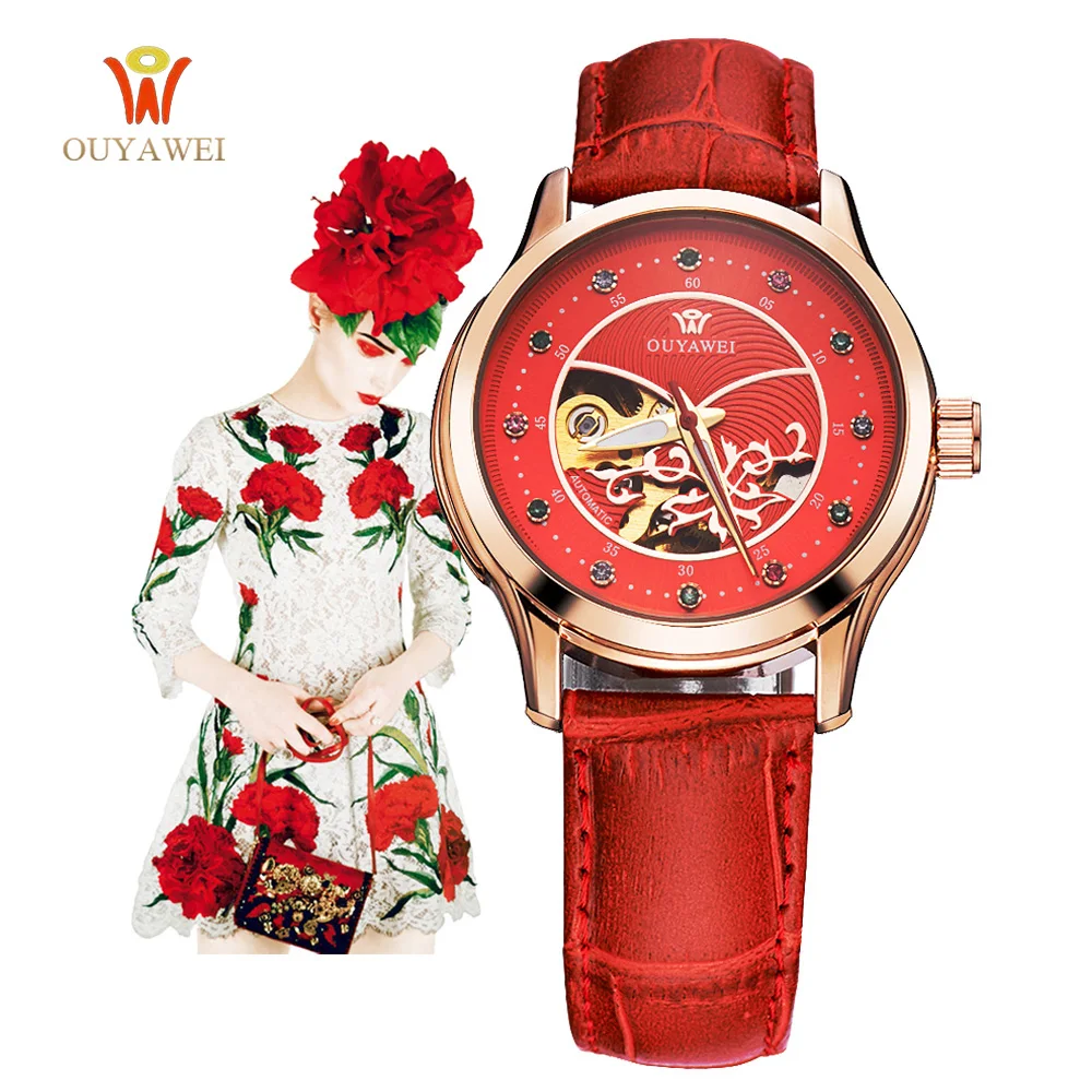 

OUYAWEI brand women watches skeleton mechanical watch red leather band ladies elegant fashion casual clock relogio femininos
