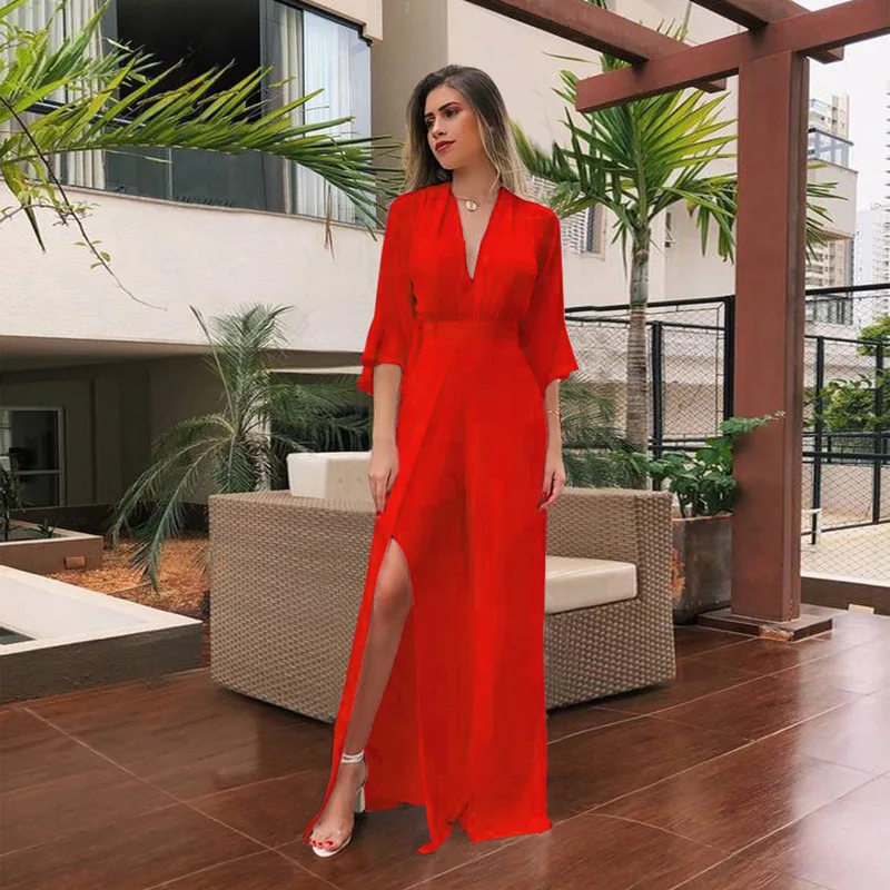 

2019 Women V-neck Chiffon Irregular Jumpsuit One Piece Overalls Spring Summer Long Sleeve Sexy Jumpsuit Ladies Casual Jumpsuits