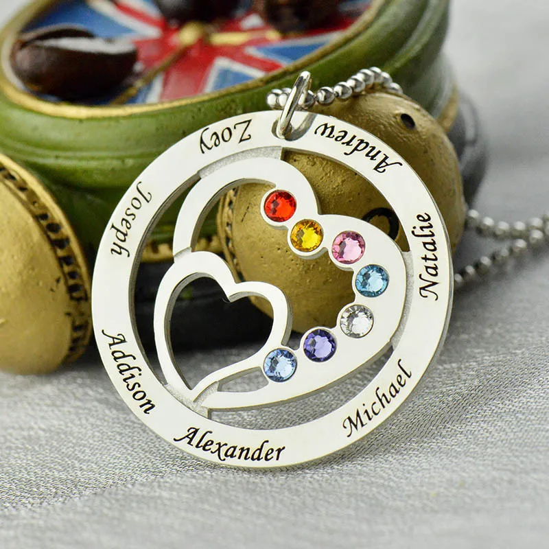 Сердце в камень-талисман в форме сердца, семейное имя, ожерелье, персонализированное ожерелье для матери, серебряное ожерелье с камнем рождения, подарок для матери