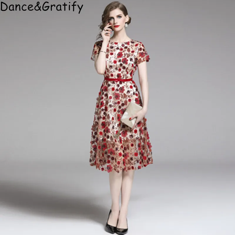 

2019 New Summer Women Mesh Embroidery Sequined Flowers Runway Dress Vintage Long Mid-calf Chic Holiday Beach Dress