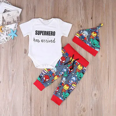 

2017 Spring Summer 3PCS Outfits Cute Print Colorful Newborn Kids Baby Boy Clothes Cartoon Romper Pants Hat Baby Clothing Set