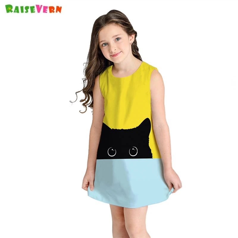 

New Summer Girls Dress Cute Cat Printing Sleeveless A-line Princess Party Dress 8 9 10 11 Year 2019 Children Mini Dresses