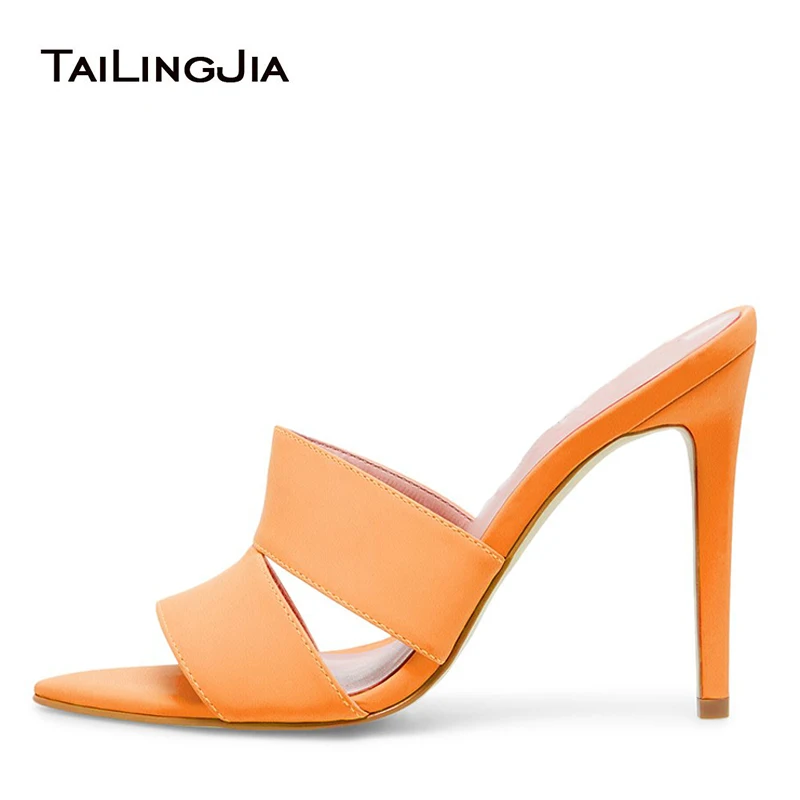 

New Open Pointed Toe High Heel Mules Orange Womens Heeled Lemon Sandals Large Size Heels Ladies Stiletto Heel Summer Shoes 2019