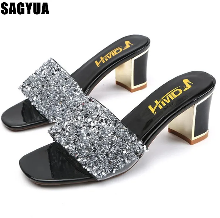 

Women slipper new fashion crystal High heel Slide shoes summer Open toe ladies outdoor bling Thick heel sandals woman shoes Z095