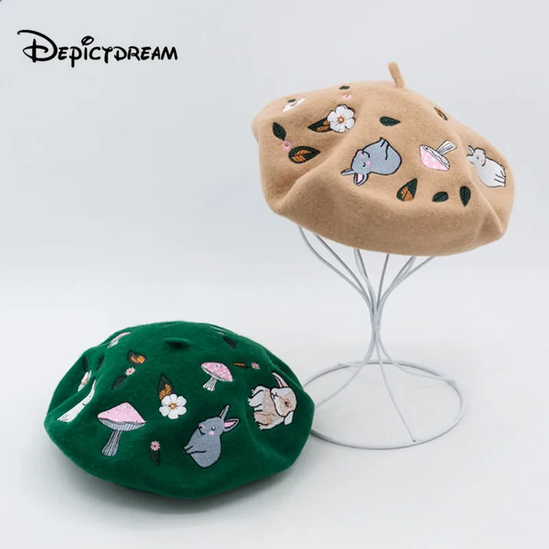 

NEW wool Vintage Warm Winter Women Cartoon flower embroidery Beret French Artist Beanie Hat Cap For Sweet Girl spring autumn